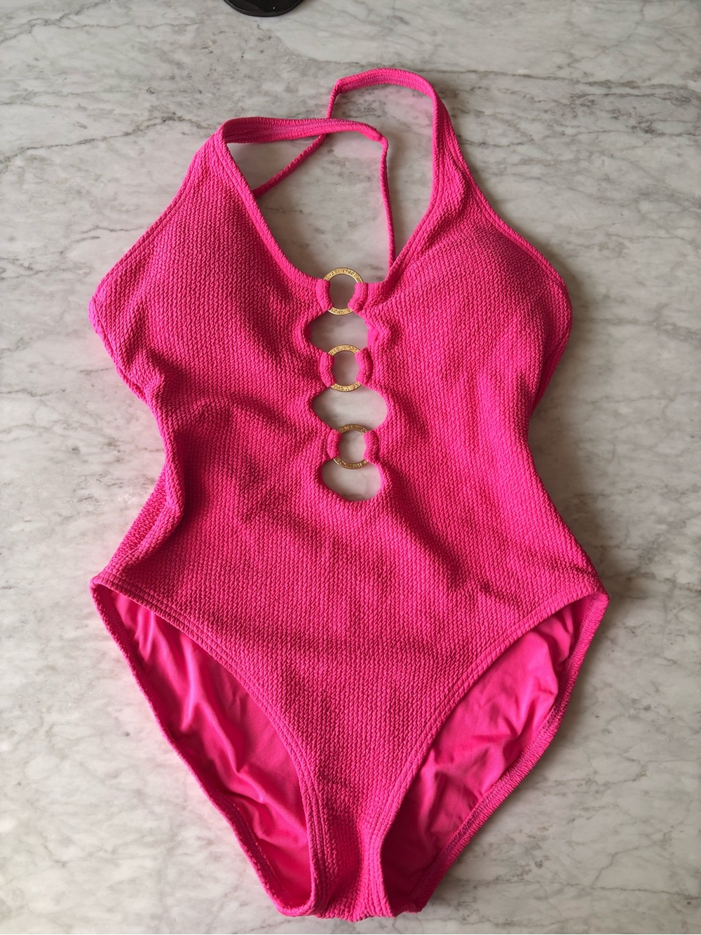 Michael Kors Hot Pink Ribbed One Piece Swimsuit Size 10 Cutout Ring Detail